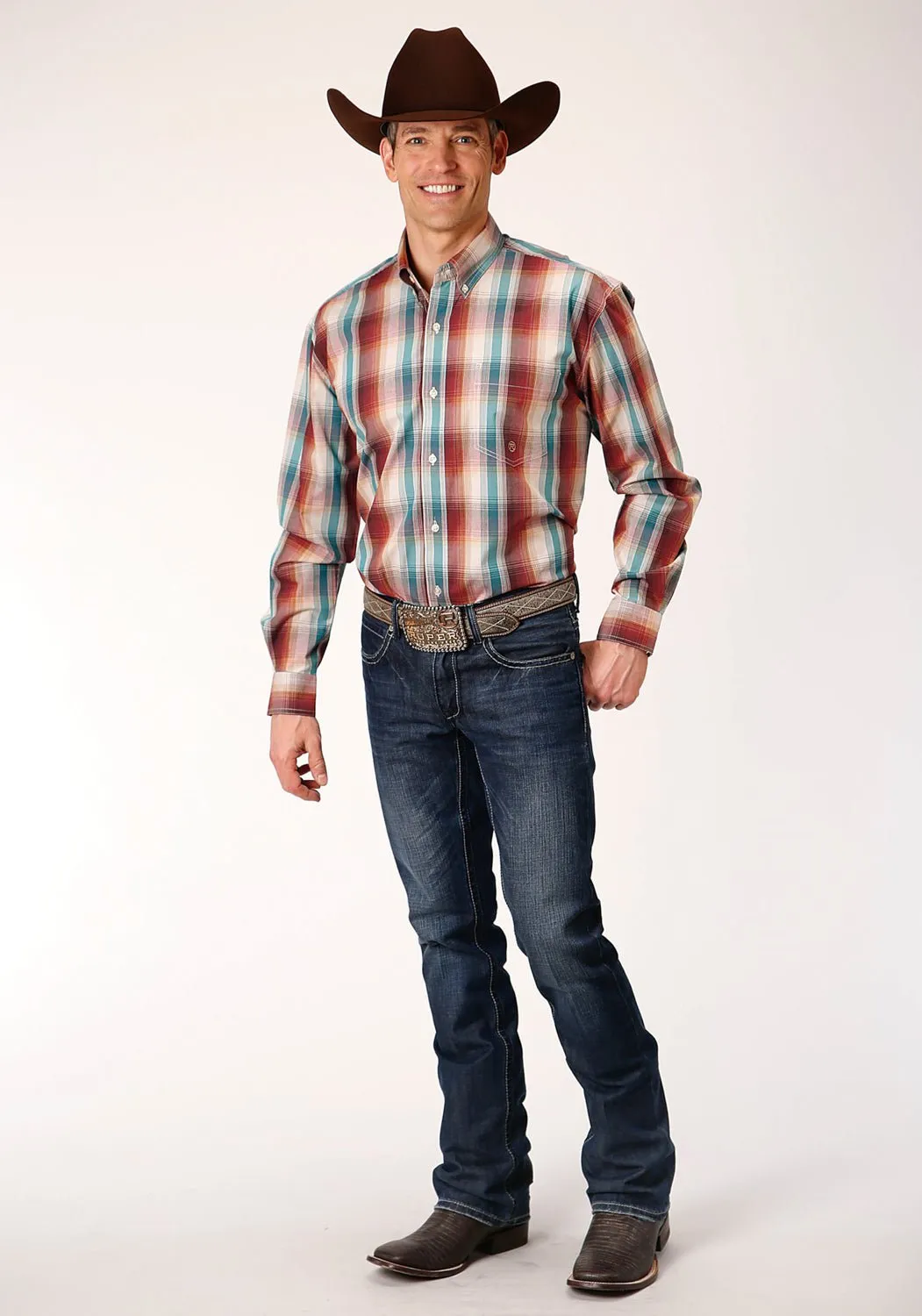 Roper Mens Brown 100% Cotton Canyon Plaid BD L/S 1 Pkt Shirt Trendy Daywear Breathable back panel
