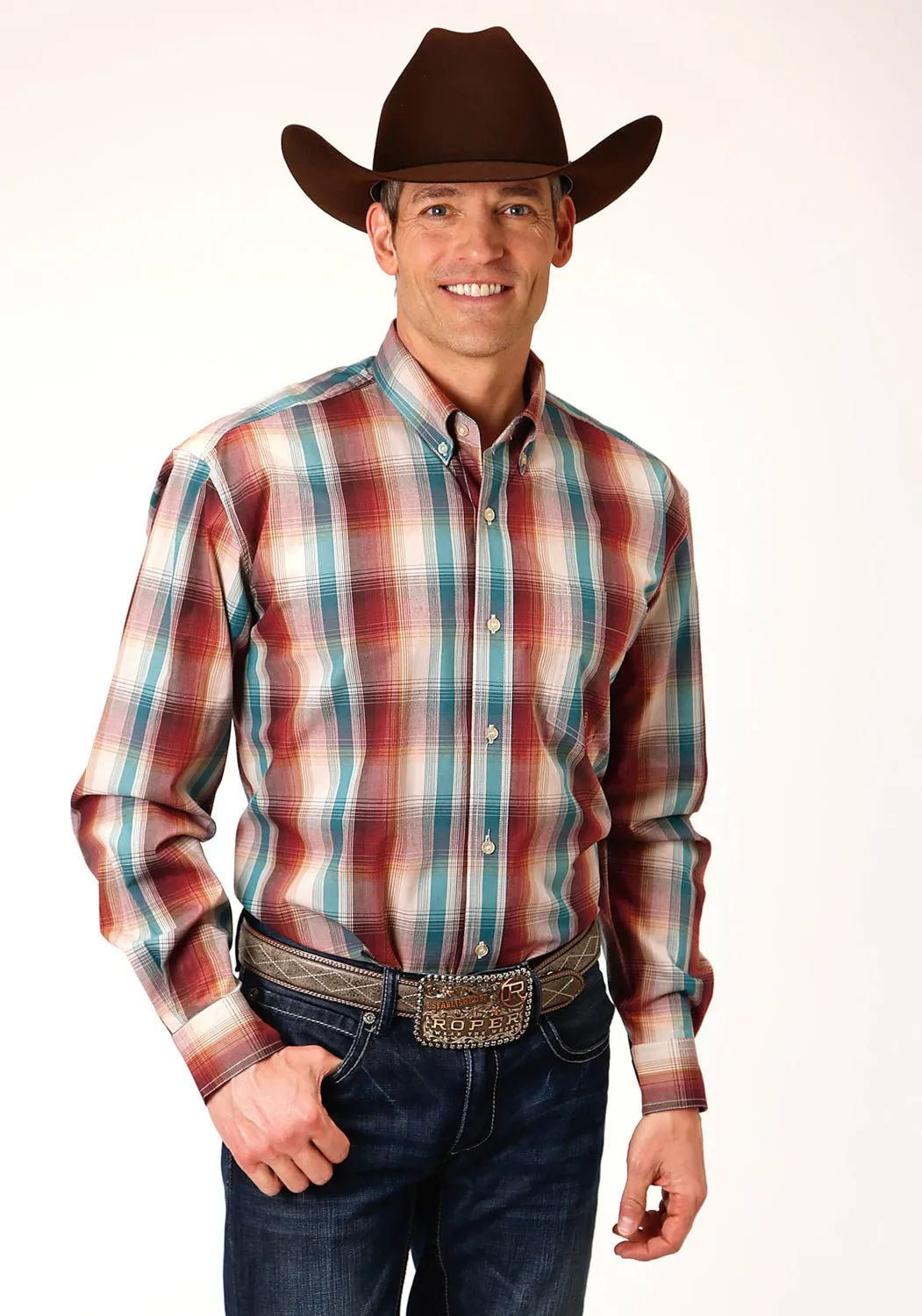 Solid Hue vacation wear Roper Mens Brown 100% Cotton Canyon Plaid BD L/S 1 Pkt Shirt