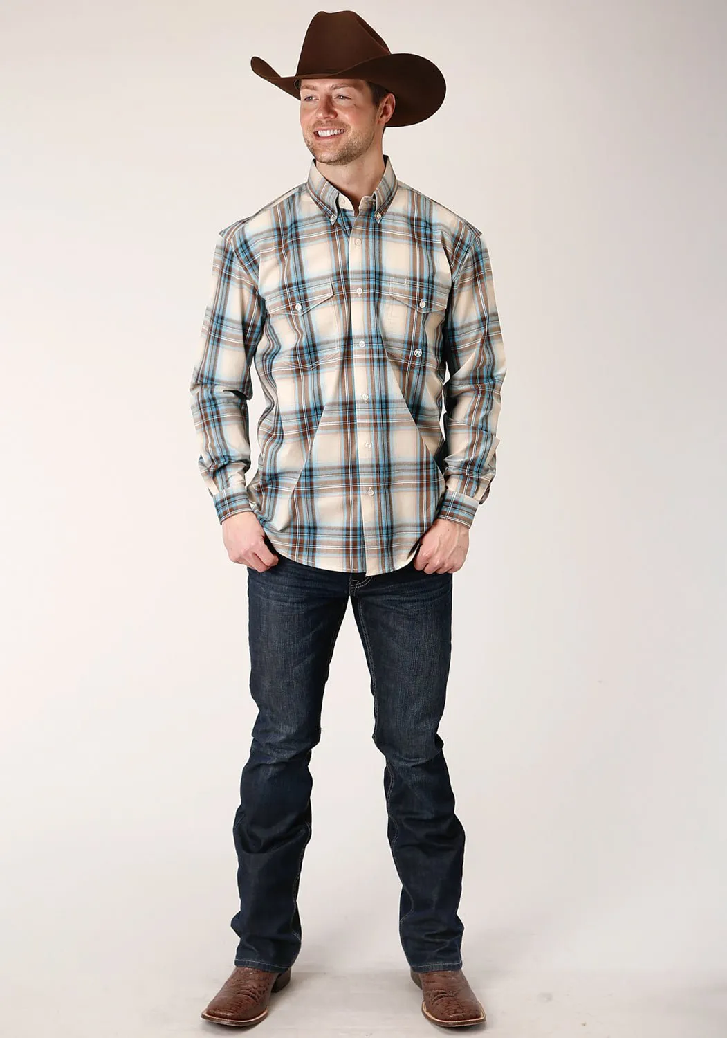 High Street Fashion Roper Mens Brown 100% Cotton Cocoa Plaid BD L/S Button Shirt
