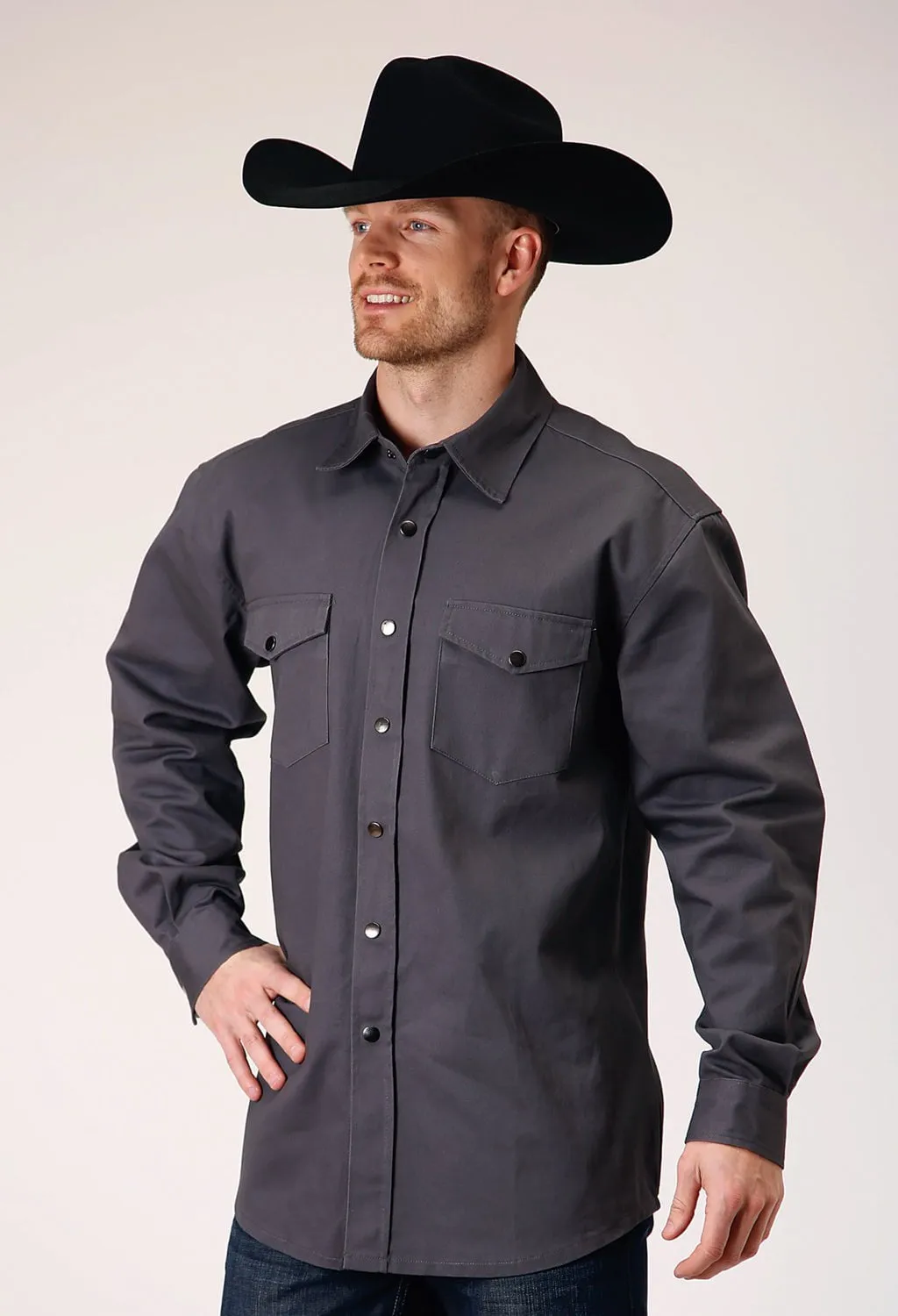Roper Mens Brush Twill Charcoal 100% Cotton L/S Shirt Tall Length