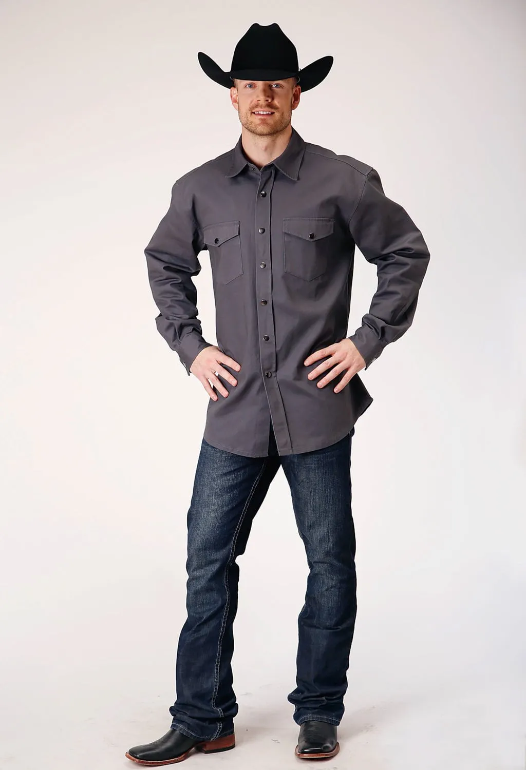 Bold Pattern Roper Mens Brush Twill Charcoal 100% Cotton L/S Shirt