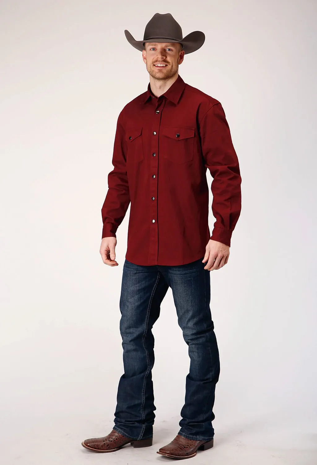 Wedding guest Roll-Up Sleeve Roper Mens Brush Twill Rust 100% Cotton L/S Shirt