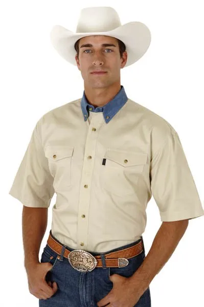 Ergonomic Sleeve Cut Roper Mens Button Down Western Khaki/Blue 100% Cotton S/S Shirt
