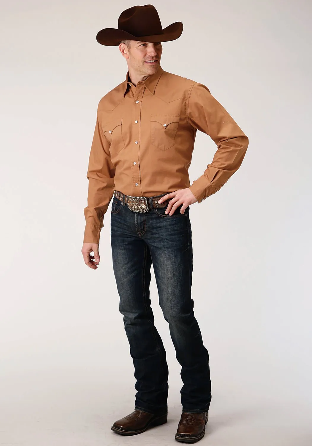 Ergonomic Back Panel Casual Comfort Roper Mens Caramel 100% Cotton West Made L/S Poplin Shirt