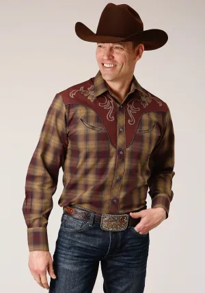 Roper Mens Caramel/Grey Cotton Blend Plaid L/S Shirt Plaid Design High Neck Roper Mens Caramel/Grey Cotton Blend Plaid L/S Shirt