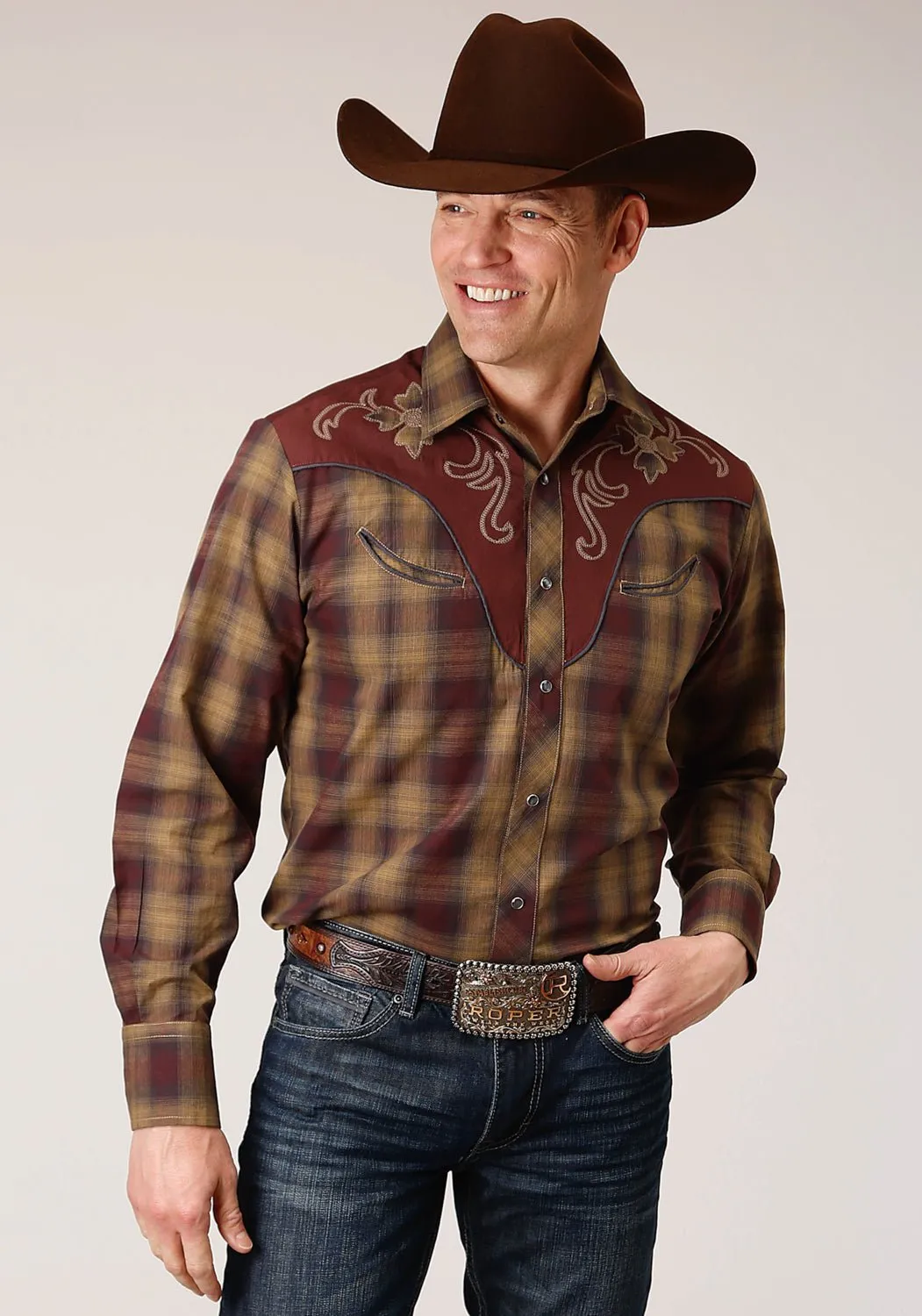 Relaxed Vibe Roper Mens Caramel/Grey Cotton Blend Plaid L/S Shirt