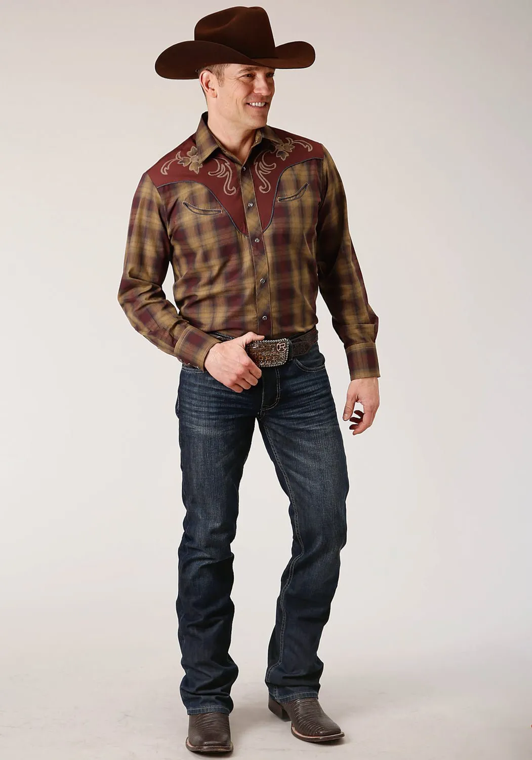 Comfort-First Preppy Vibe Roper Mens Caramel/Grey Cotton Blend Plaid L/S Shirt