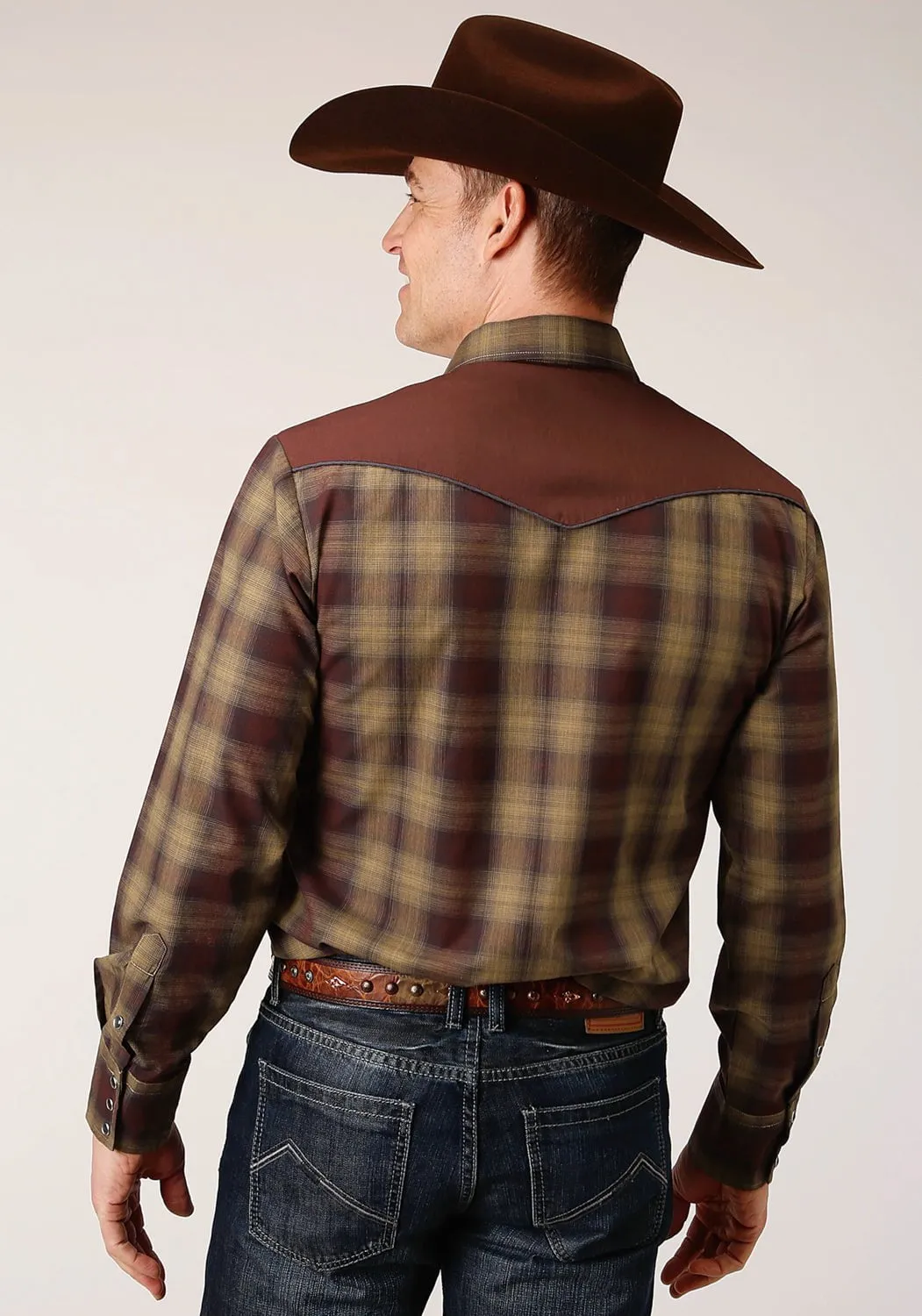 Roper Mens Caramel/Grey Cotton Blend Plaid L/S Shirt Versatile Fit Beach Wear