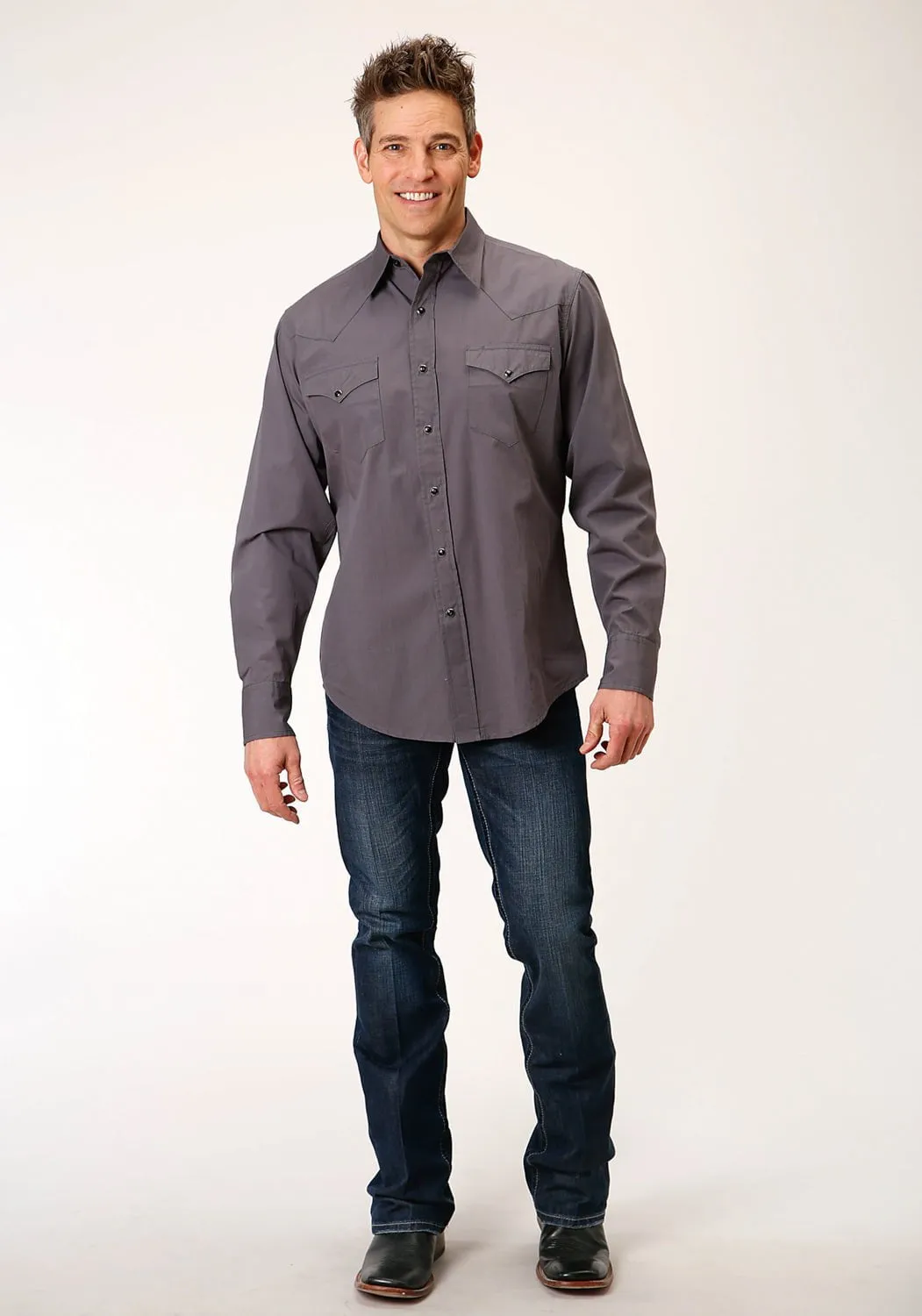 Roper Mens Charcoal 100% Cotton Solid Poplin L/S Shirt Creative Professional
