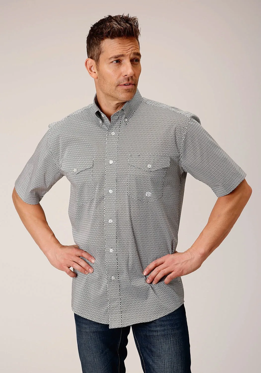 Roper Mens Climbing Diamond Green Cotton Blend S/S Shirt High-End Look Minimalist Closure