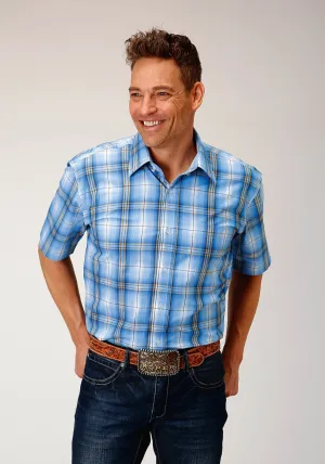 Roper Mens Cornflower Plaid Blue 100% Cotton S/S Shirt Moisture Management Mesh Adjustable Cuff Closure Light Comfort Roper Mens Cornflower Plaid Blue 100% Cotton S/S Shirt