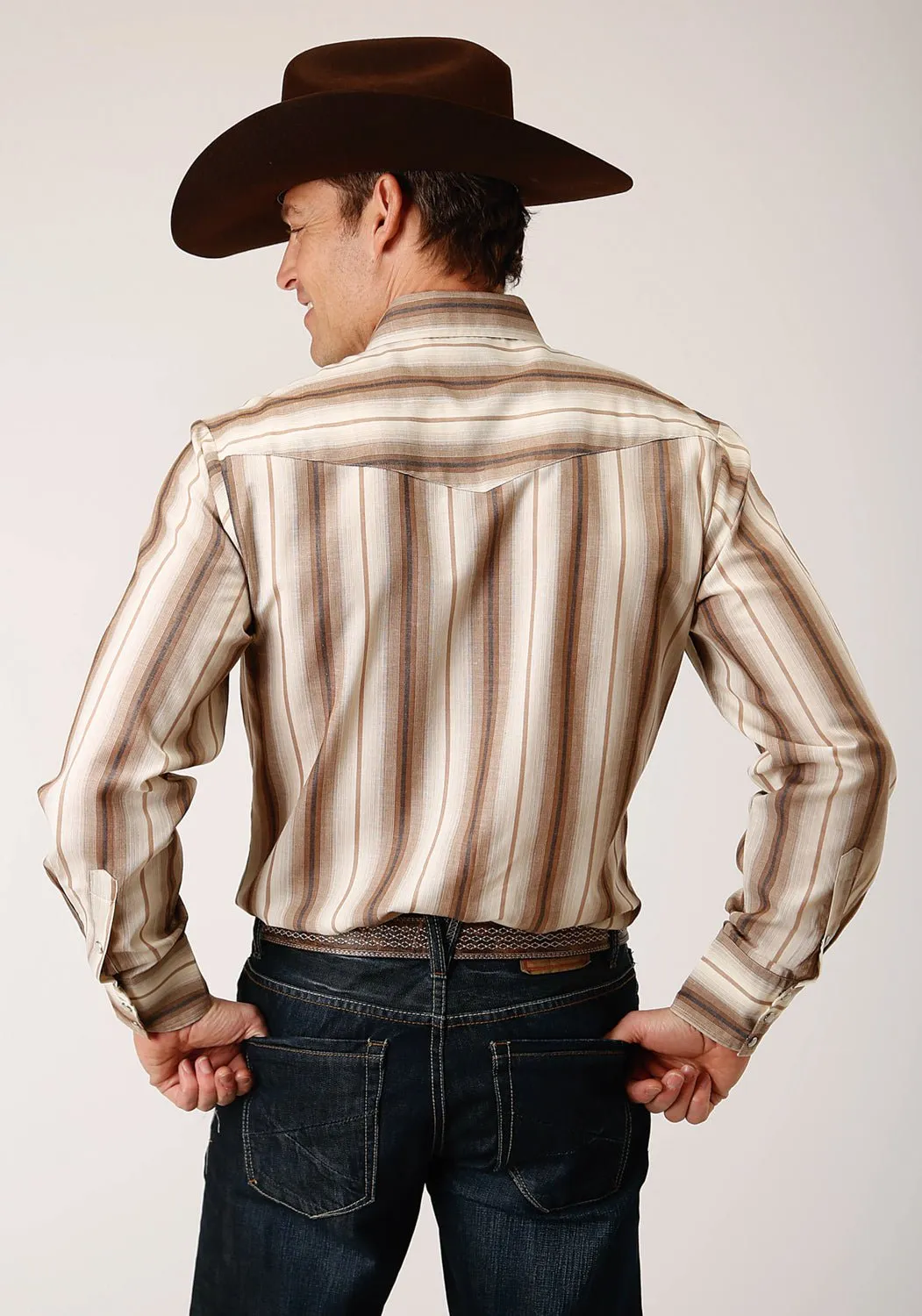 Roper Mens Cream Ombre Stripe Brown Cotton Blend L/S Shirt Edgy Fashion