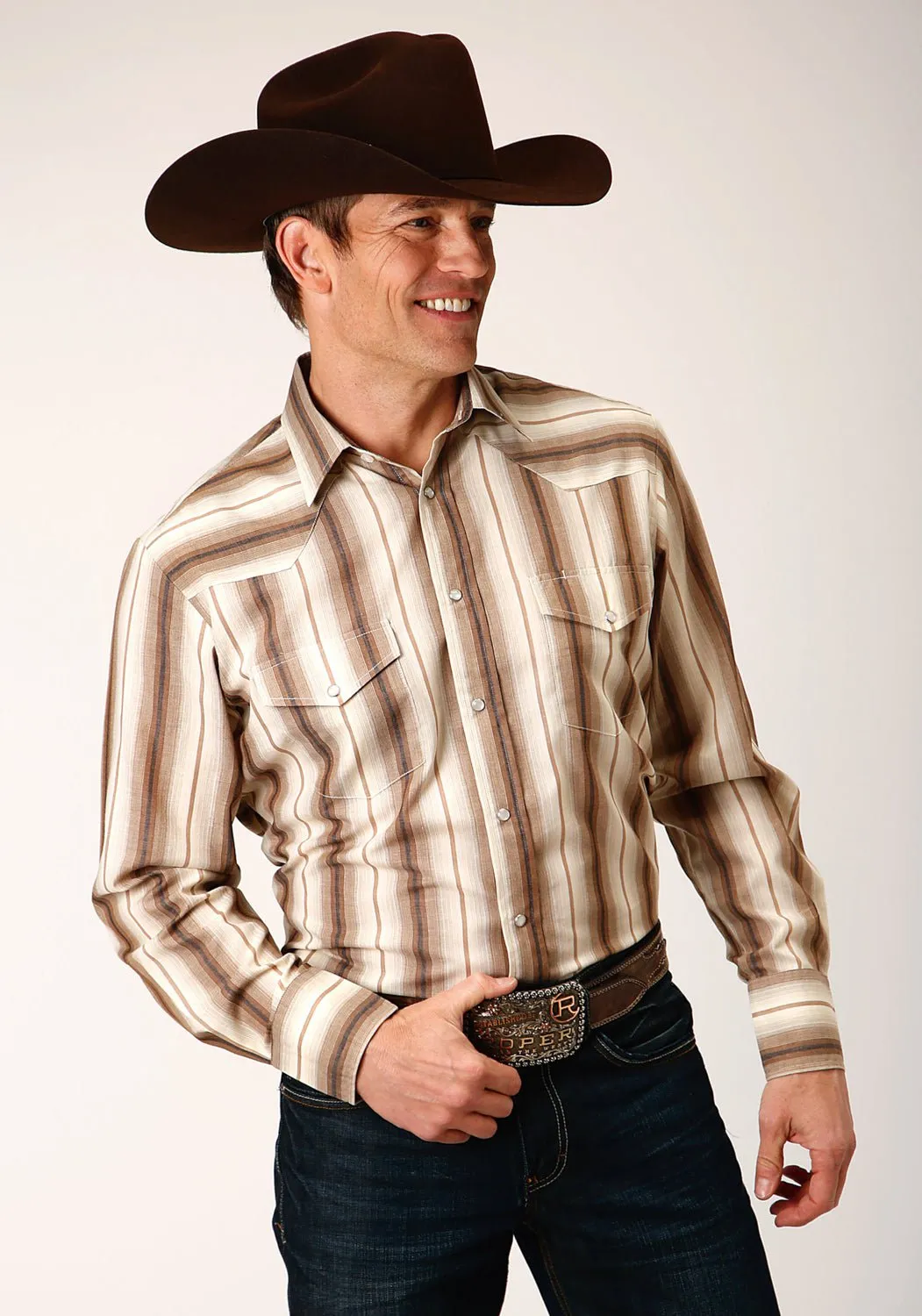 Roper Mens Cream Ombre Stripe Brown Cotton Blend L/S Shirt First Date Workwear Style