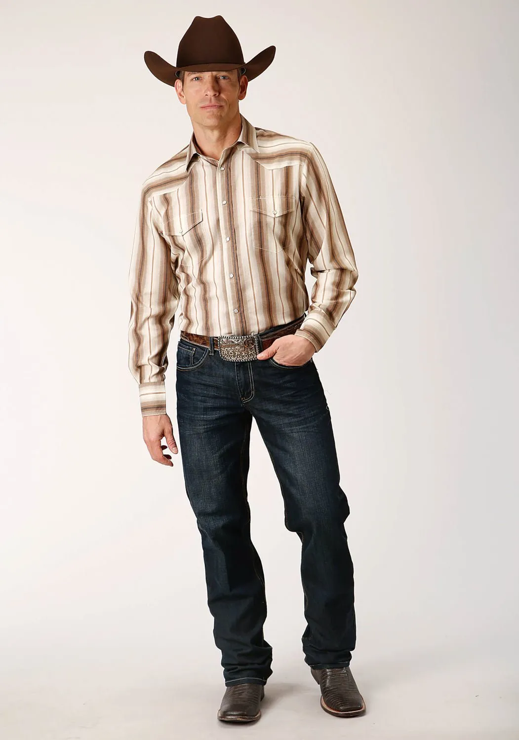 Roper Mens Cream Ombre Stripe Brown Cotton Blend L/S Shirt Reinforced Elbow Patches