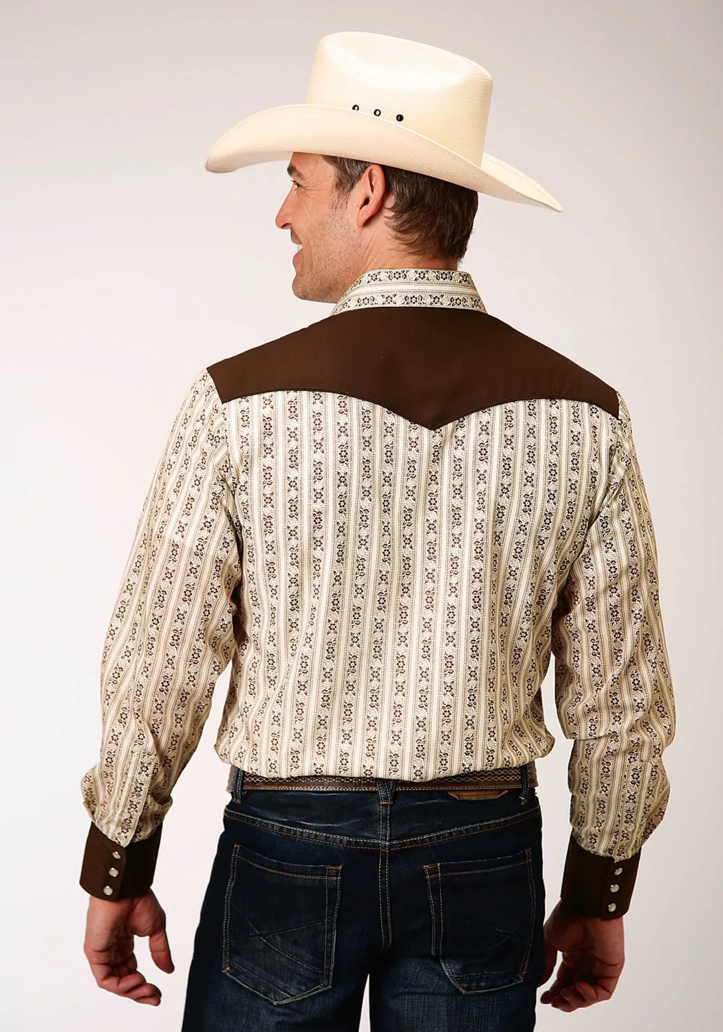 Thermoregulating Layer Roper Mens Cream/Brown Cotton Blend Wallpaper L/S Fancy Shirt