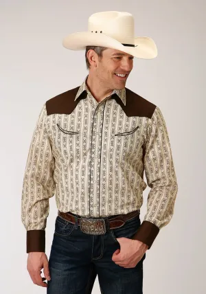 Roper Mens Cream/Brown Cotton Blend Wallpaper L/S Fancy Shirt Customer Favorite Personalized Touch Breathable Underarm Vents Roper Mens Cream/Brown Cotton Blend Wallpaper L/S Fancy Shirt