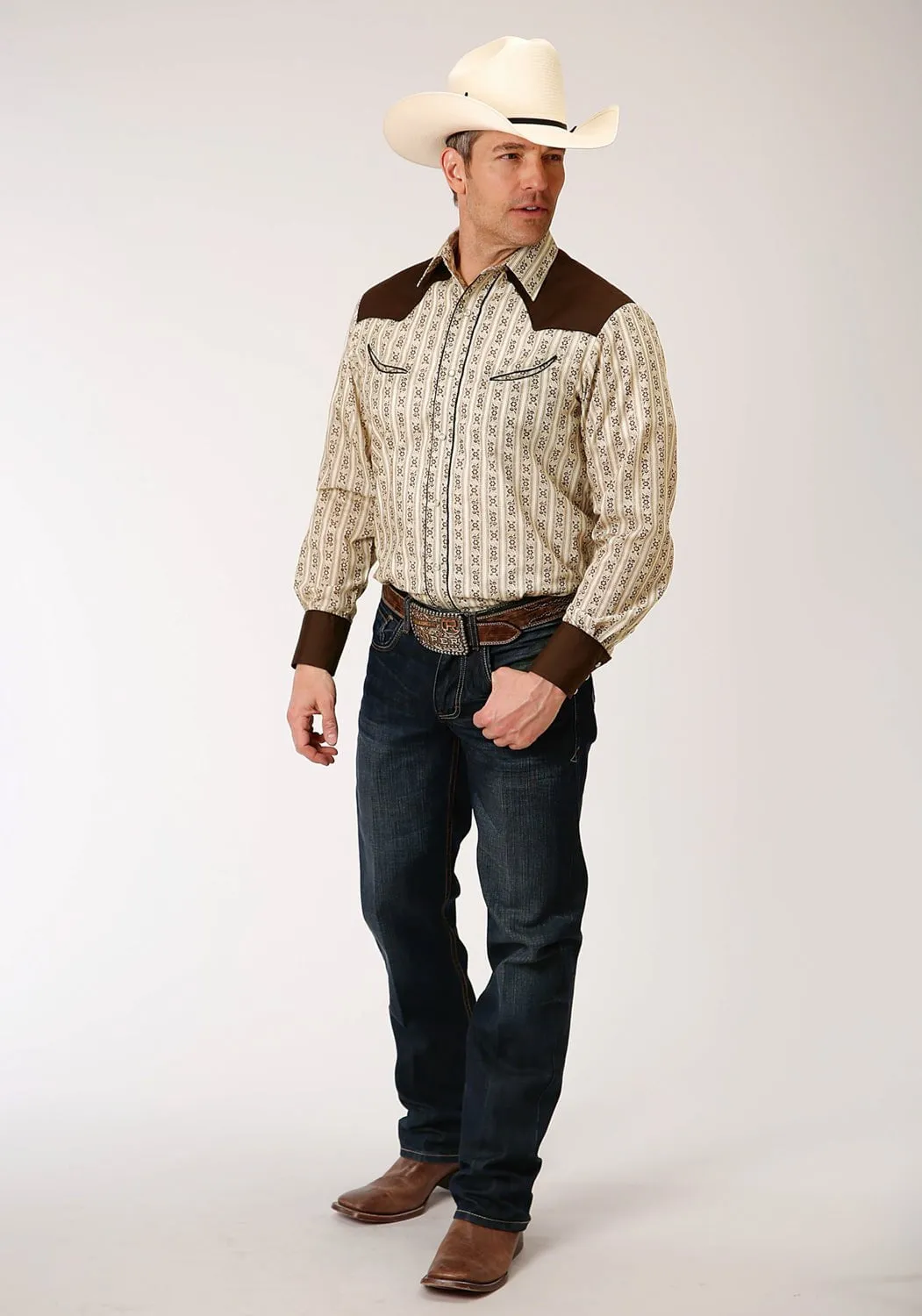 Relaxed Comfort Beach Attire Roper Mens Cream/Brown Cotton Blend Wallpaper L/S Fancy Shirt