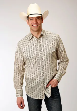Roper Mens Cream/Brown Cotton Blend Wallpaper L/S Shirt Relaxed Vibes Roper Mens Cream/Brown Cotton Blend Wallpaper L/S Shirt Cooling Mesh Lining