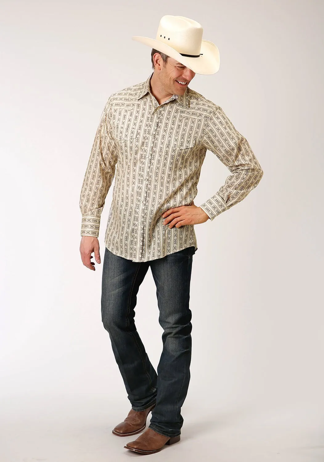 Roper Mens Cream/Brown Cotton Blend Wallpaper L/S Shirt Cozy Wear