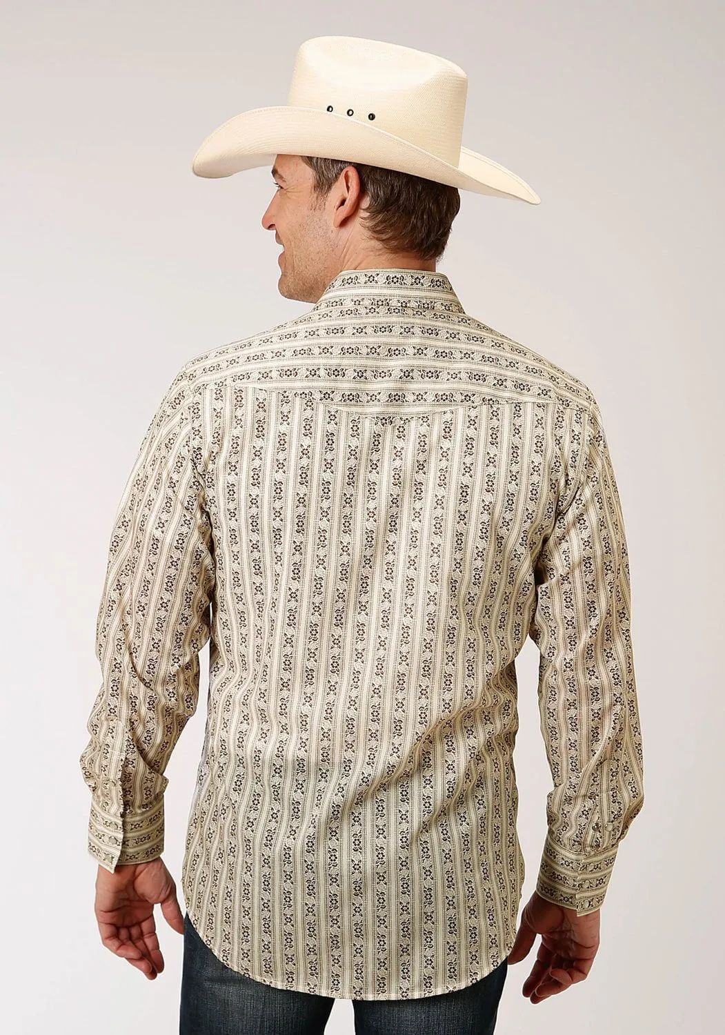 Roper Mens Cream/Brown Cotton Blend Wallpaper L/S Shirt Essential Fit Minimal Look
