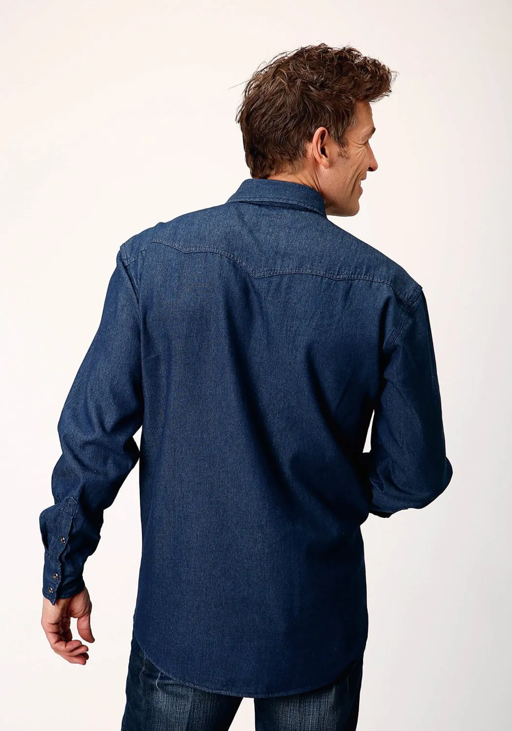 Sports Ready Polished Finish Roper Mens Dark Blue 100% Cotton Denim BD L/S Western Shirt