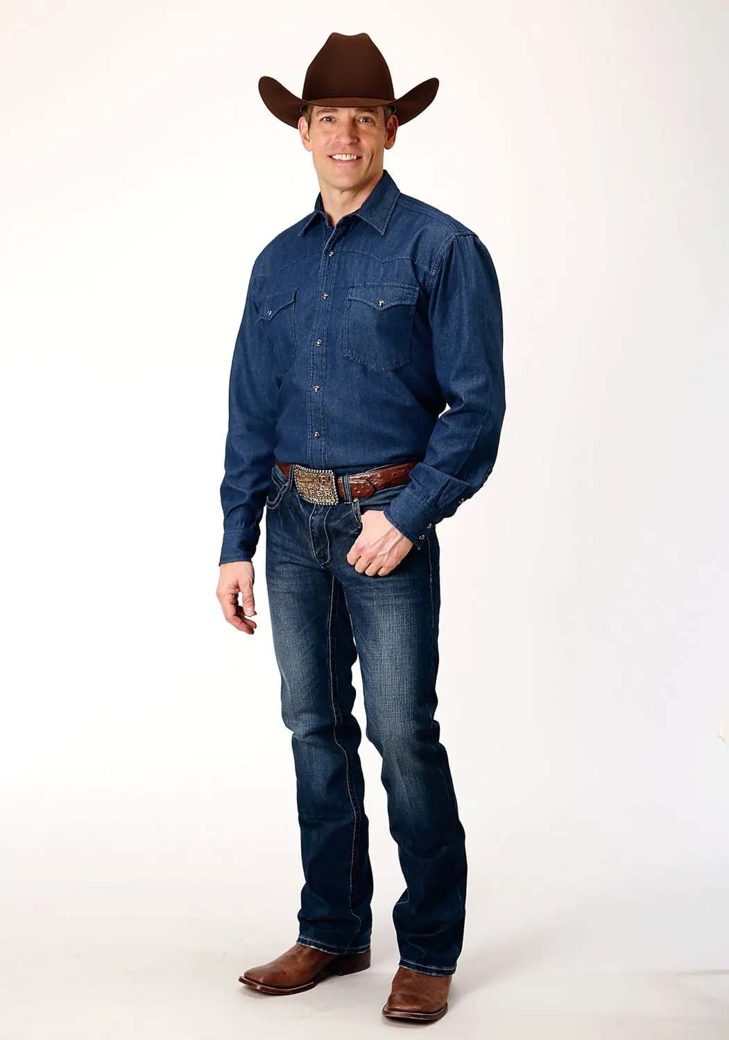 Roper Mens Dark Blue 100% Cotton Denim BD L/S Western Shirt Versatile Outfit Textured Finish
