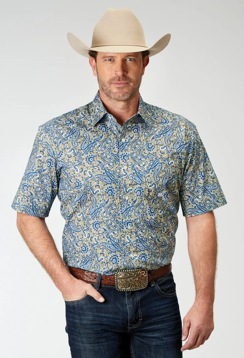 Everyday Wear Quick Dry Technology Roper Mens Delft Paisley Blue 100% Cotton S/S Shirt