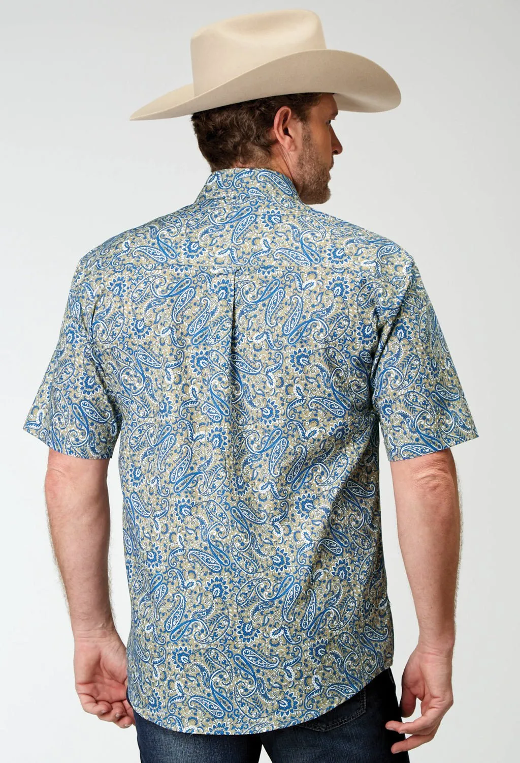 Roper Mens Delft Paisley Blue 100% Cotton S/S Shirt Eco Friendly Material Mature Elegance