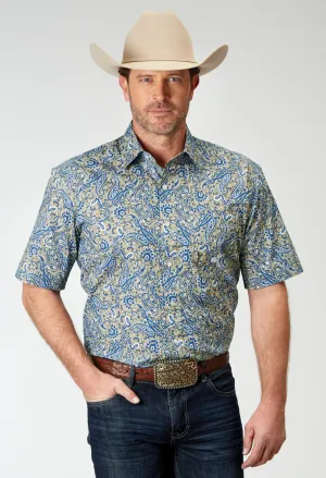 Roper Mens Delft Paisley Blue 100% Cotton S/S Shirt Cotton Blend Denim Blend Perfect Look Roper Mens Delft Paisley Blue 100% Cotton S/S Shirt
