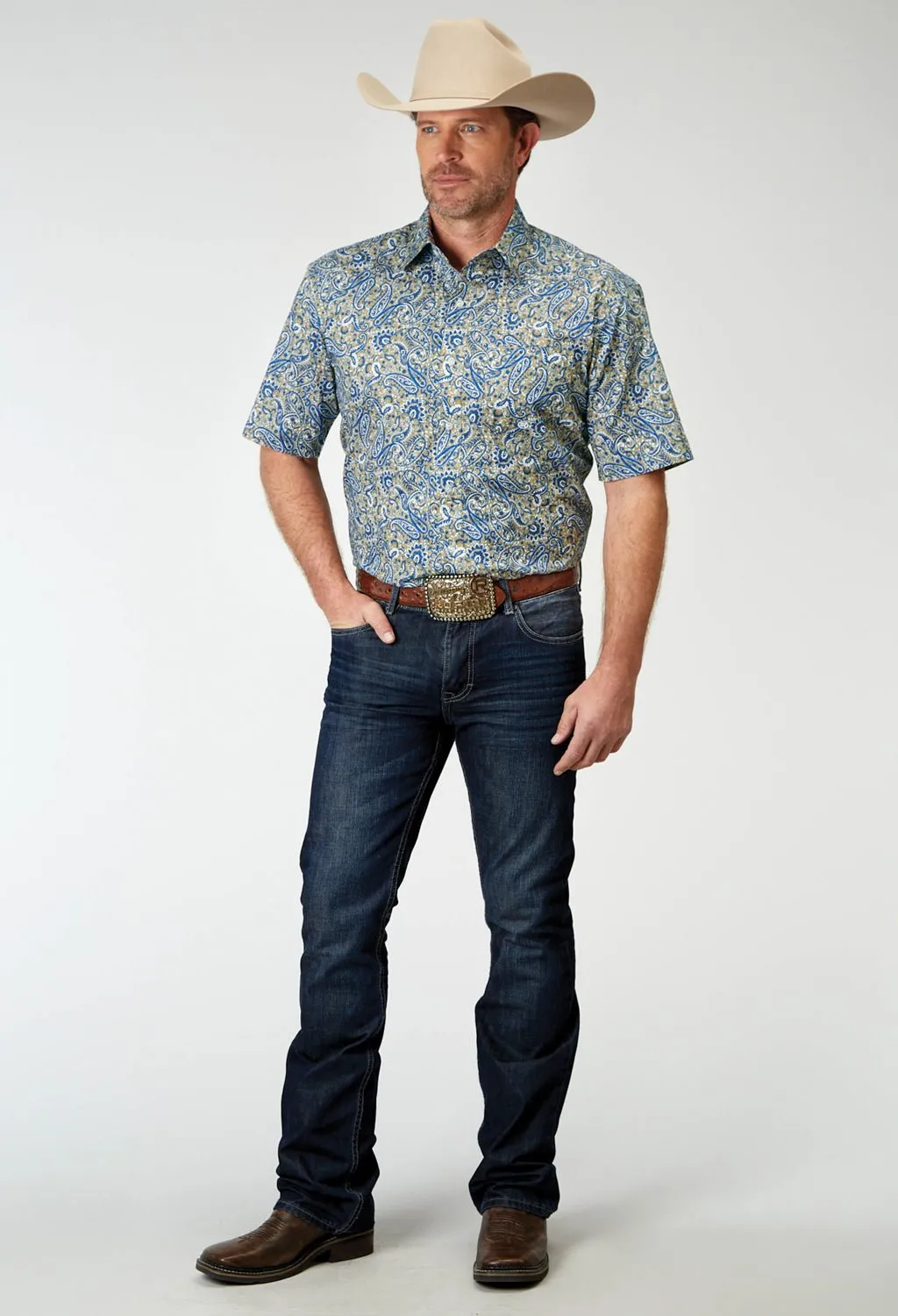 Roper Mens Delft Paisley Blue 100% Cotton S/S Shirt Breathable Lining