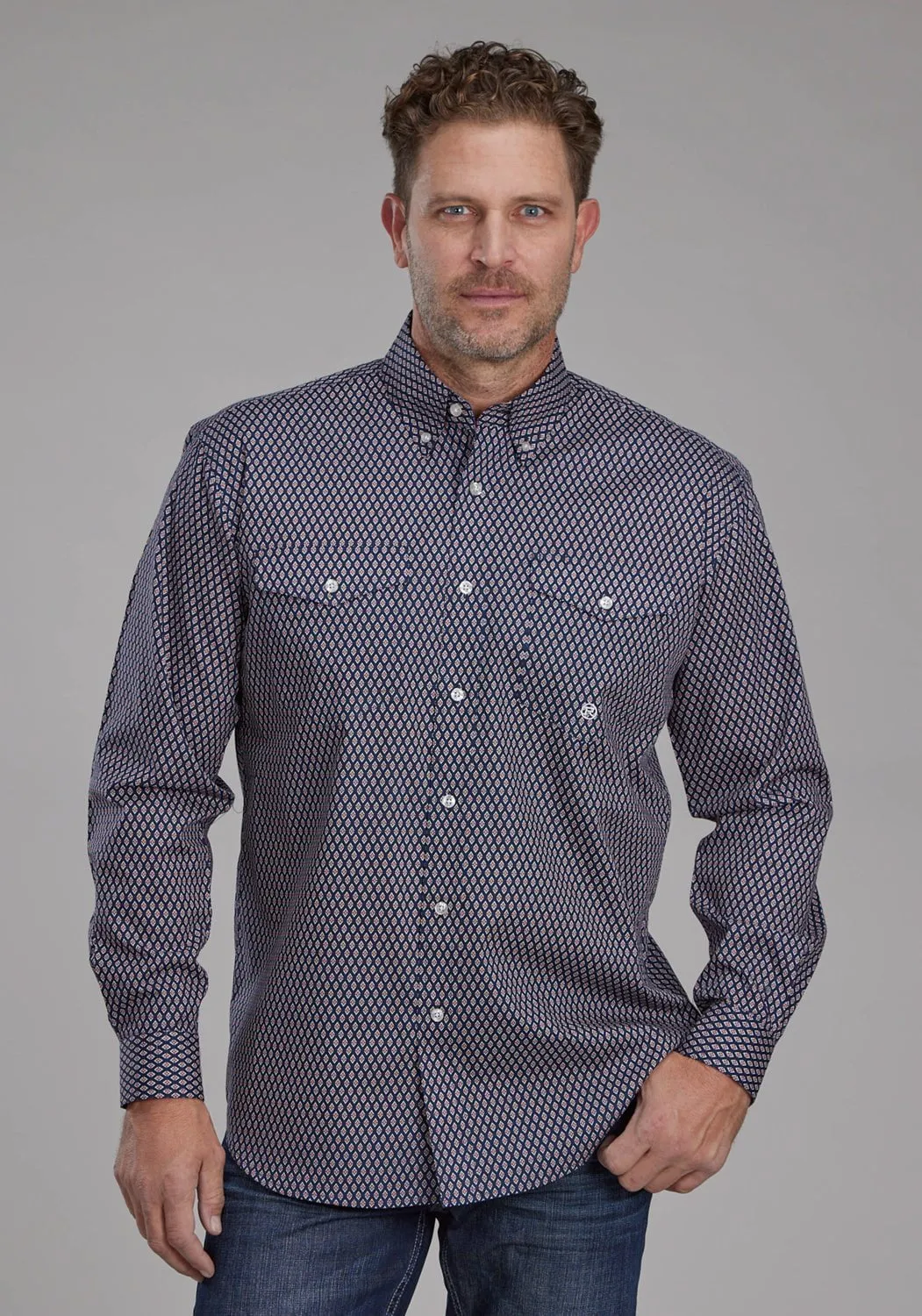 Roper Mens Diamond Eye Geo Blue 100% Cotton Tall Btn L/S Shirt Casual Wear Festive Look