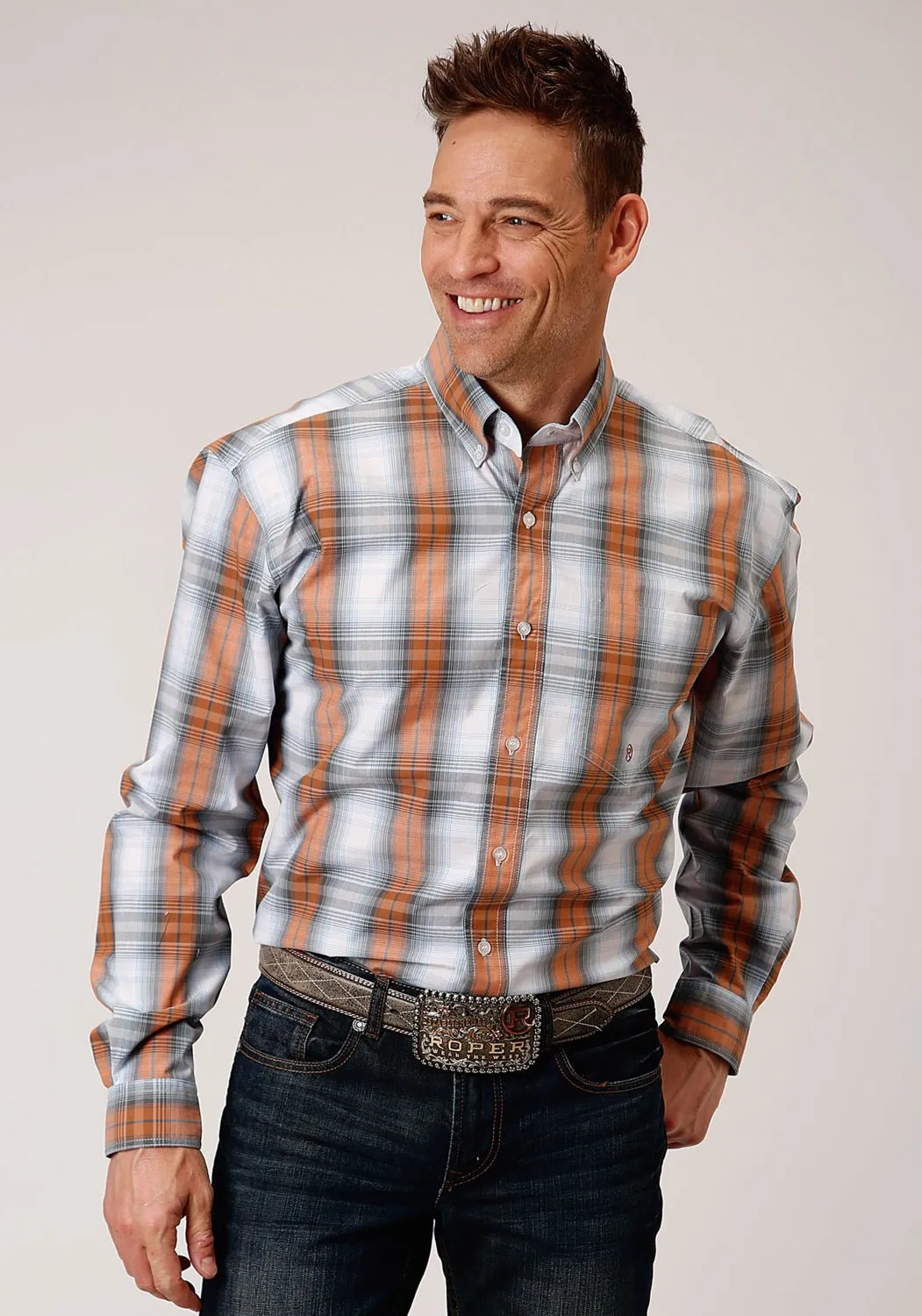 color block Chic Wardrobe Roper Mens Dusk Ombre Grey/Orange 100% Cotton 1 Pkt L/S Shirt