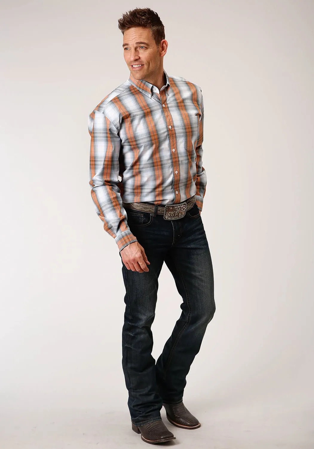 Chambray Fabric Roper Mens Dusk Ombre Grey/Orange 100% Cotton 1 Pkt L/S Shirt