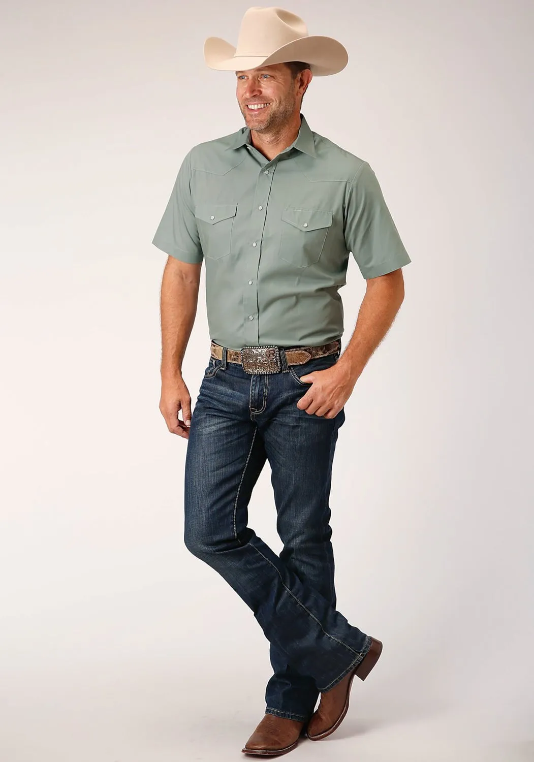Roper Mens Dusty Green Cotton Blend Solid Broadcloth S/S Shirt Workwear Ready Button front