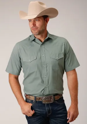 Roper Mens Dusty Green Cotton Blend Solid Broadcloth S/S Shirt Soft Feel Subtle Print Refined Aesthetic Roper Mens Dusty Green Cotton Blend Solid Broadcloth S/S Shirt