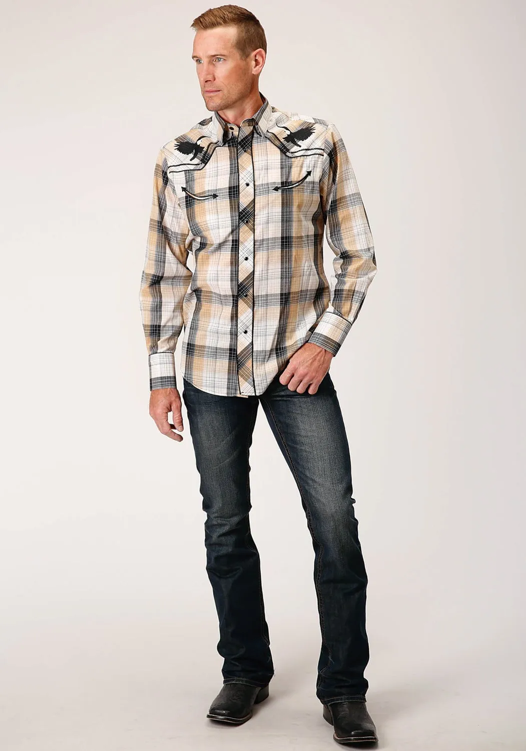 Minimalist Look Button front Roper Mens Eagle Plaid Black/Khaki Cotton Blend L/S Shirt