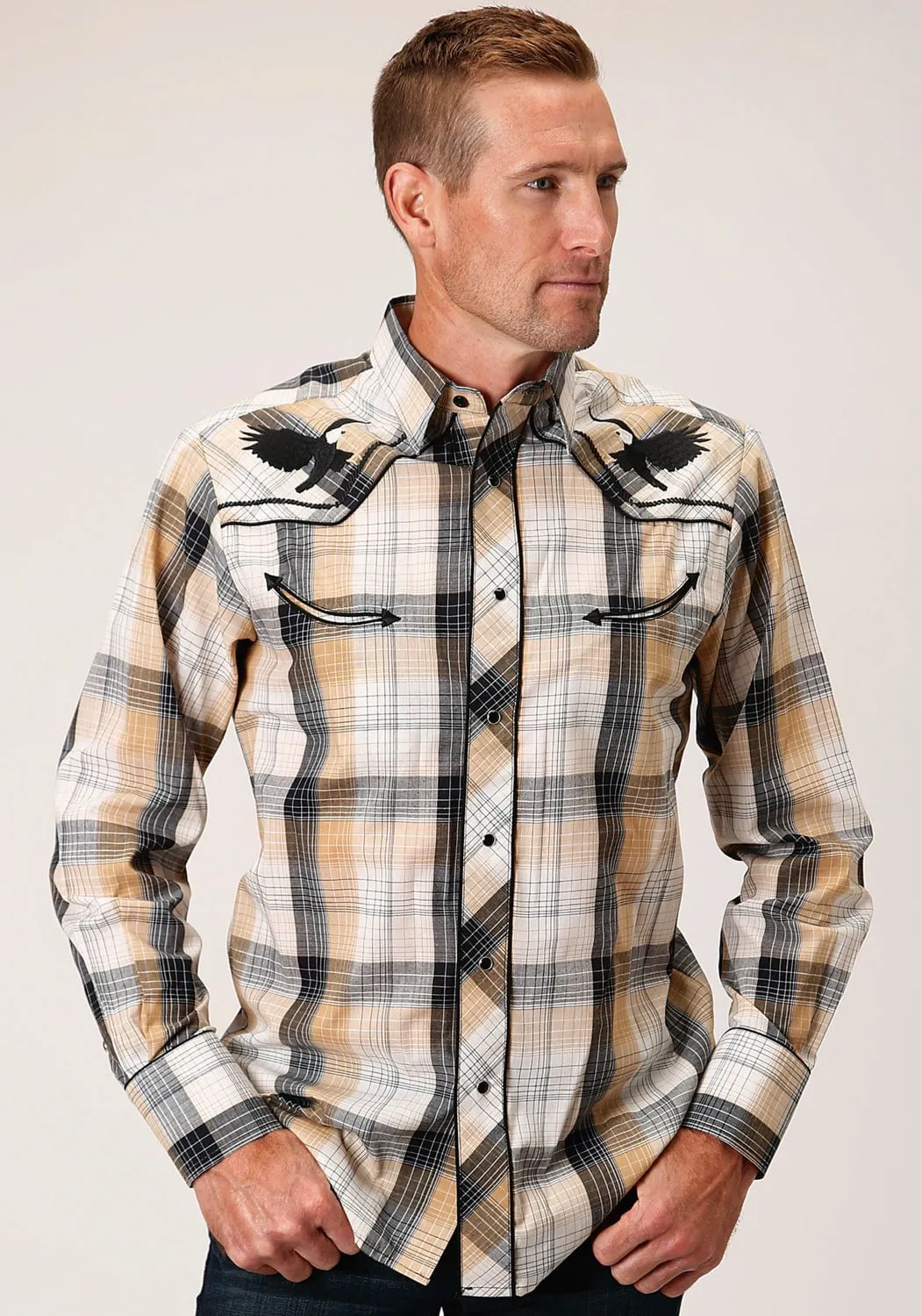 Roper Mens Eagle Plaid Black/Khaki Cotton Blend L/S Shirt Sporty Look