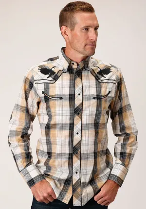 Roper Mens Eagle Plaid Black/Khaki Cotton Blend L/S Shirt Sun Protection Classic Look hypoallergenic material Roper Mens Eagle Plaid Black/Khaki Cotton Blend L/S Shirt