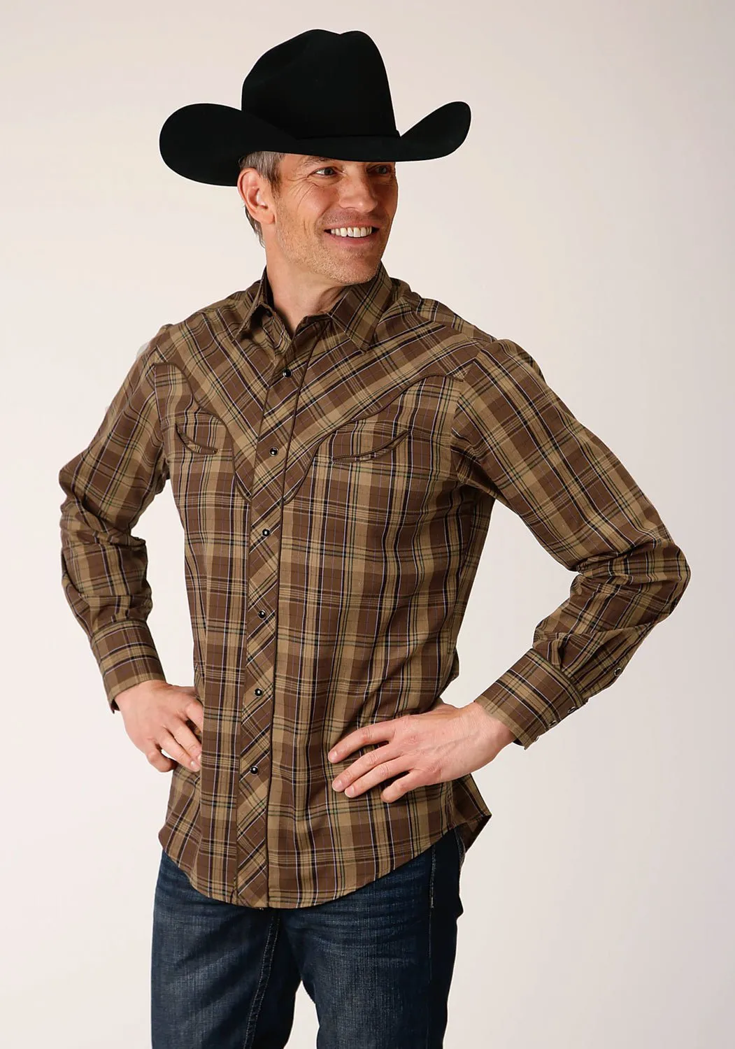 Roper Mens Fancy Cactus Plaid Brown Cotton Blend L/S Shirt Trendy designs Gender Neutral