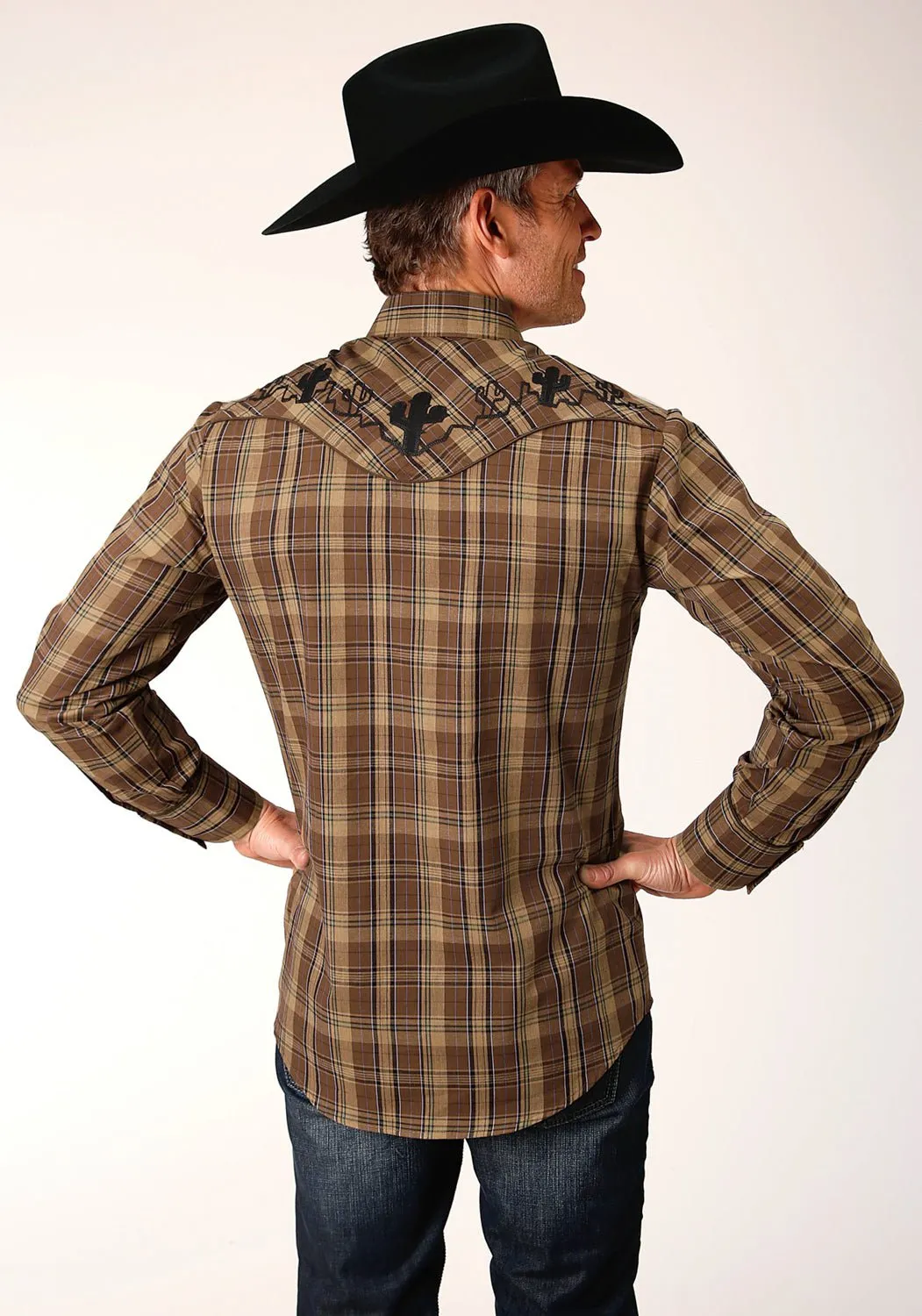 Roper Mens Fancy Cactus Plaid Brown Cotton Blend L/S Shirt All-Weather Ready High Neck