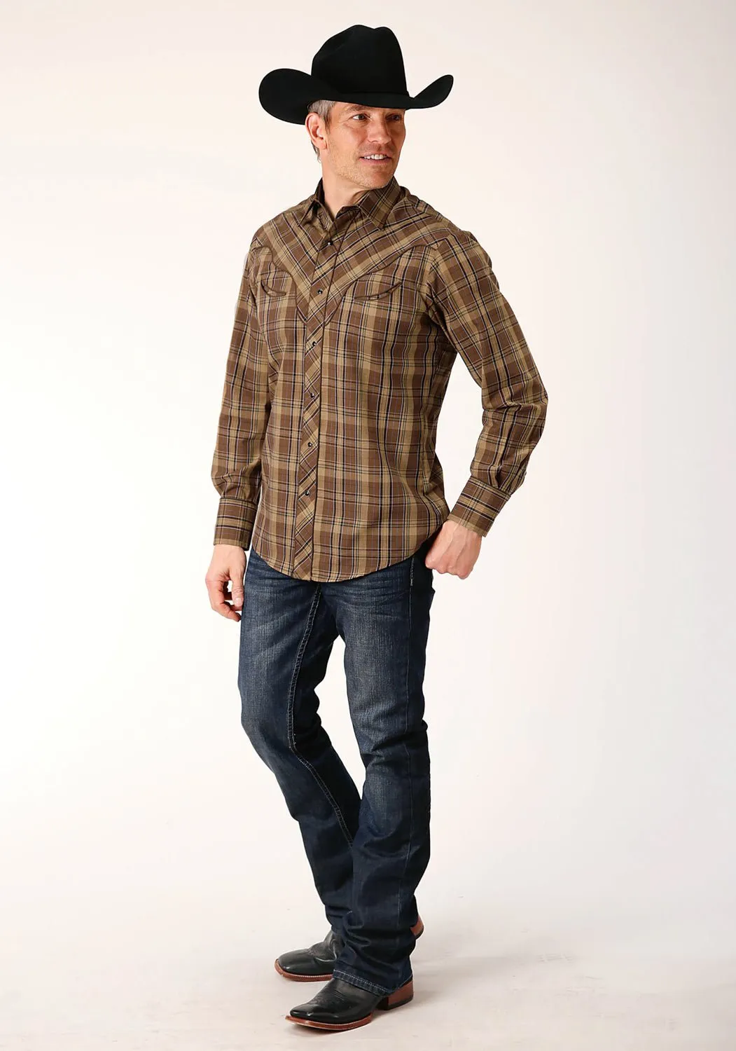Youthful Appeal Sleeveless Cut Roper Mens Fancy Cactus Plaid Brown Cotton Blend L/S Shirt