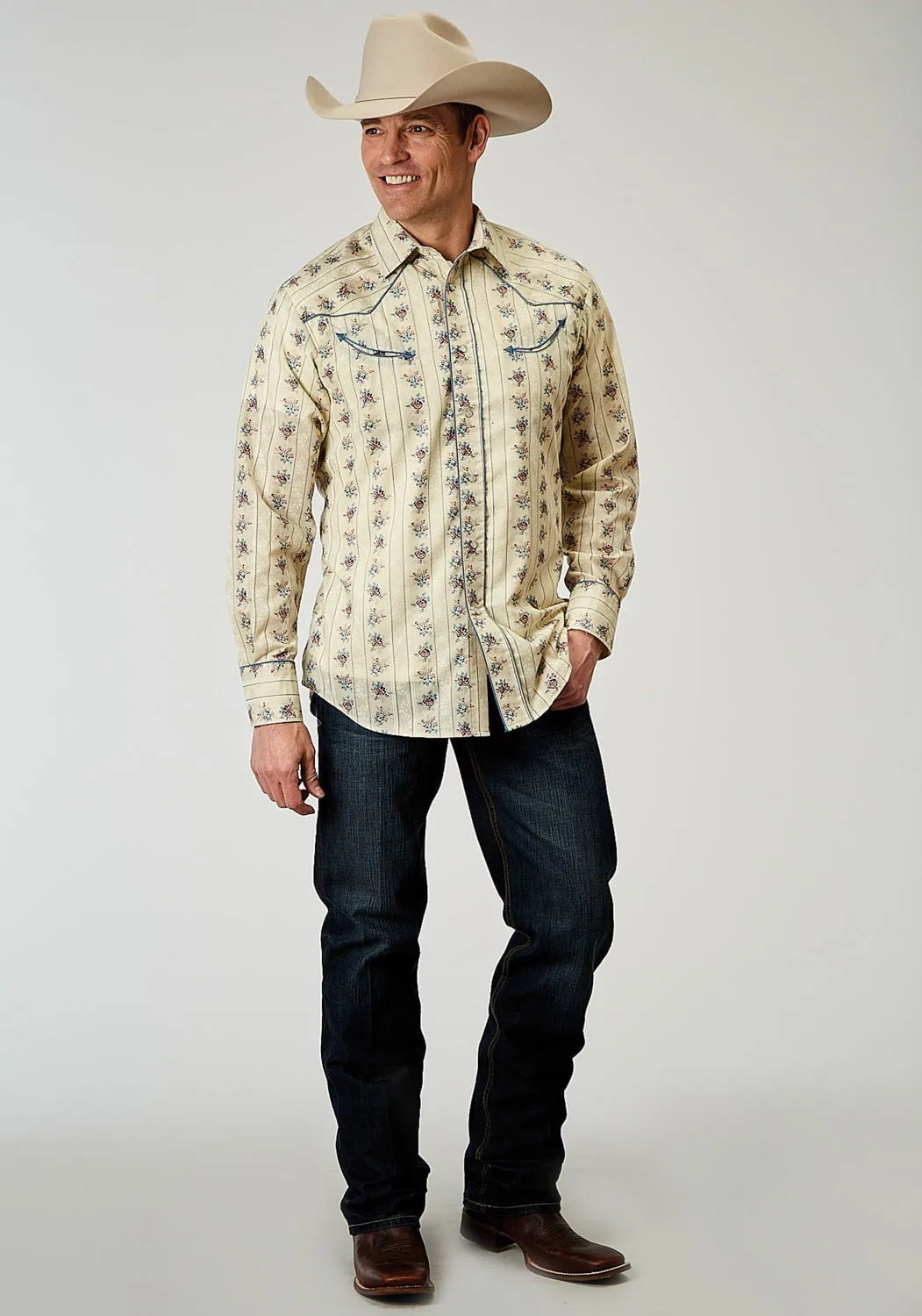 Airflow Ventilation System High Street Fashion Roper Mens Floral Stripe Fancy Yellow Cotton Blend L/S Shirt