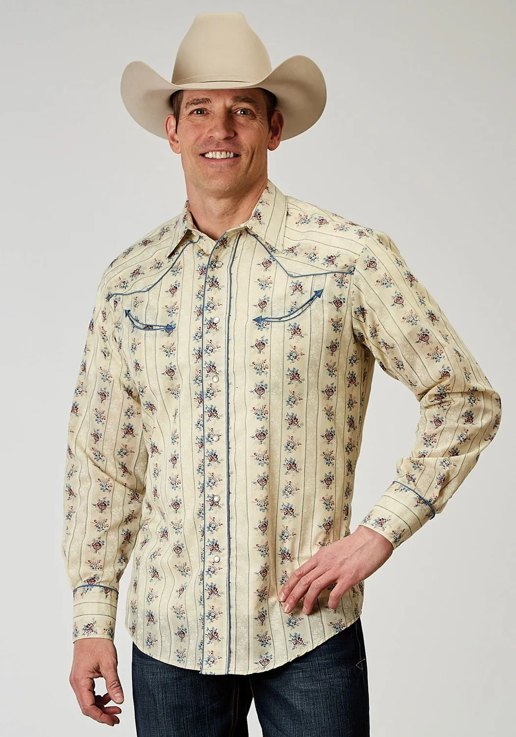 Workwear Option Roper Mens Floral Stripe Fancy Yellow Cotton Blend L/S Shirt