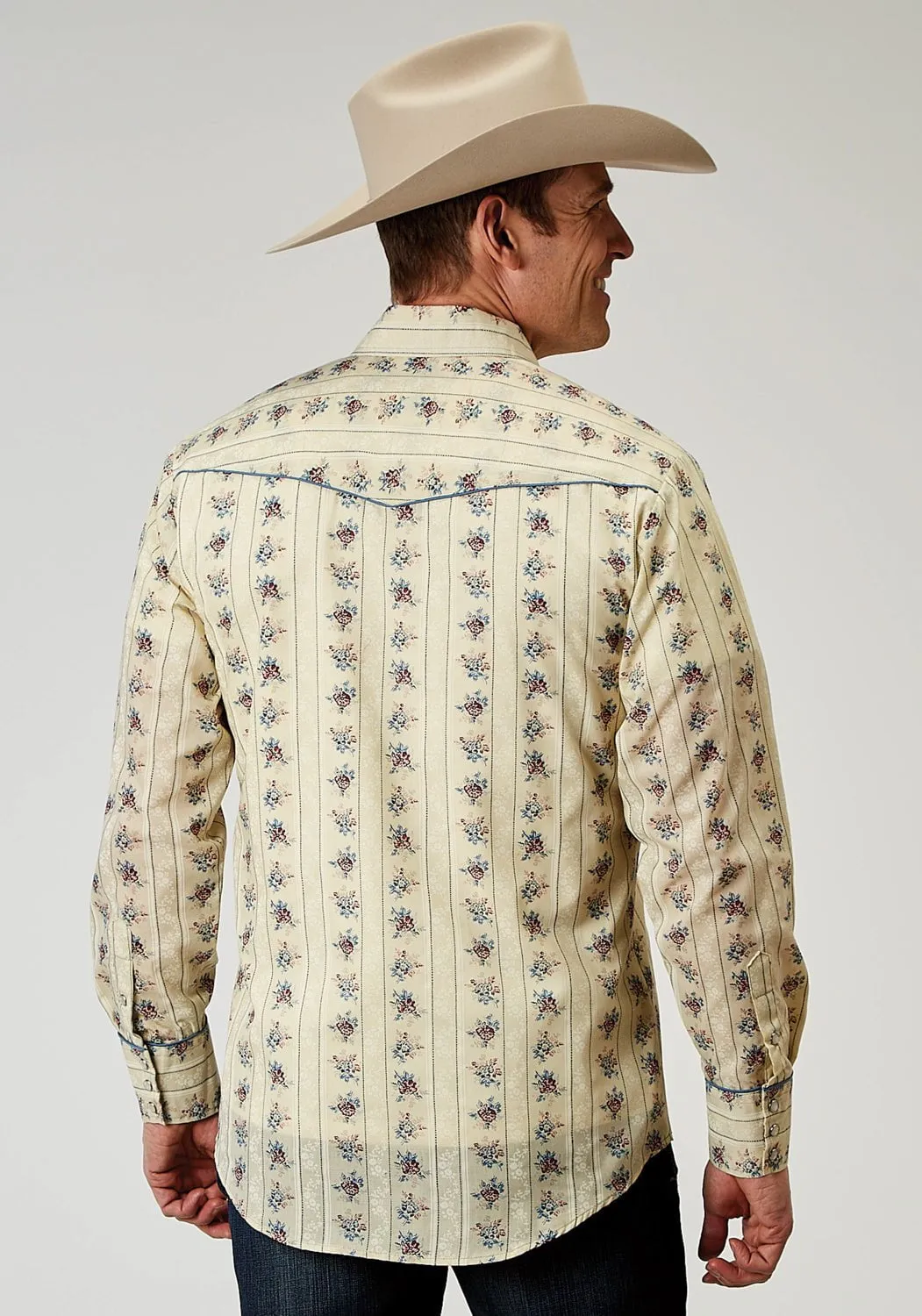 Roper Mens Floral Stripe Fancy Yellow Cotton Blend L/S Shirt Double Stitched Hems