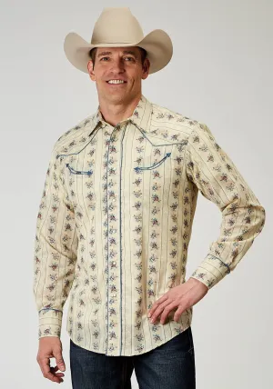 Roper Mens Floral Stripe Fancy Yellow Cotton Blend L/S Shirt Longline Cut Roper Mens Floral Stripe Fancy Yellow Cotton Blend L/S Shirt Weekend Casual Unisex wear