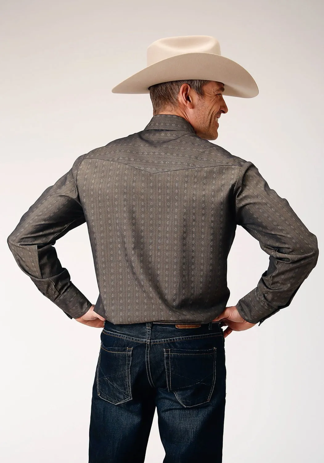 Tailored Style Smart Layering Roper Mens Floral Stripe Tonal Grey Poly/Cotton L/S Shirt