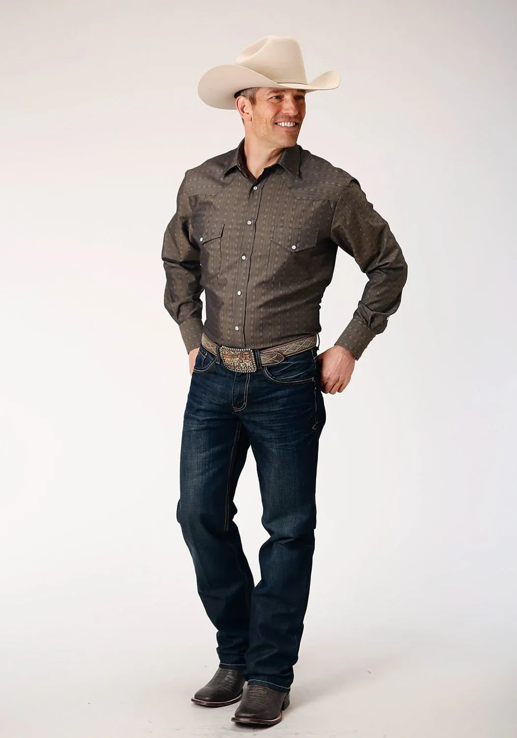 Eco Dye Technique Roper Mens Floral Stripe Tonal Grey Poly/Cotton L/S Shirt