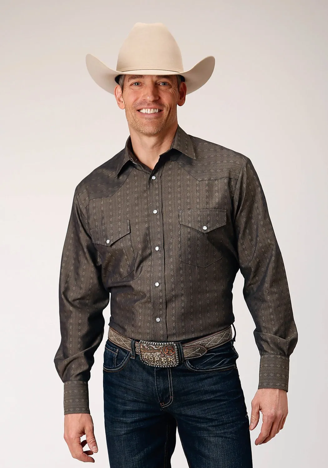 Roper Mens Floral Stripe Tonal Grey Poly/Cotton L/S Shirt Social Meetup Sustainable Design