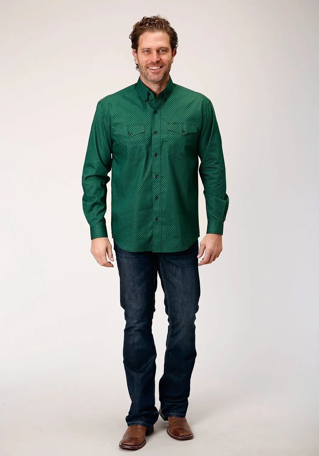 Roper Mens Four Leaf Foulard Green 100% Cotton L/S Shirt Reinforced Buttonholes