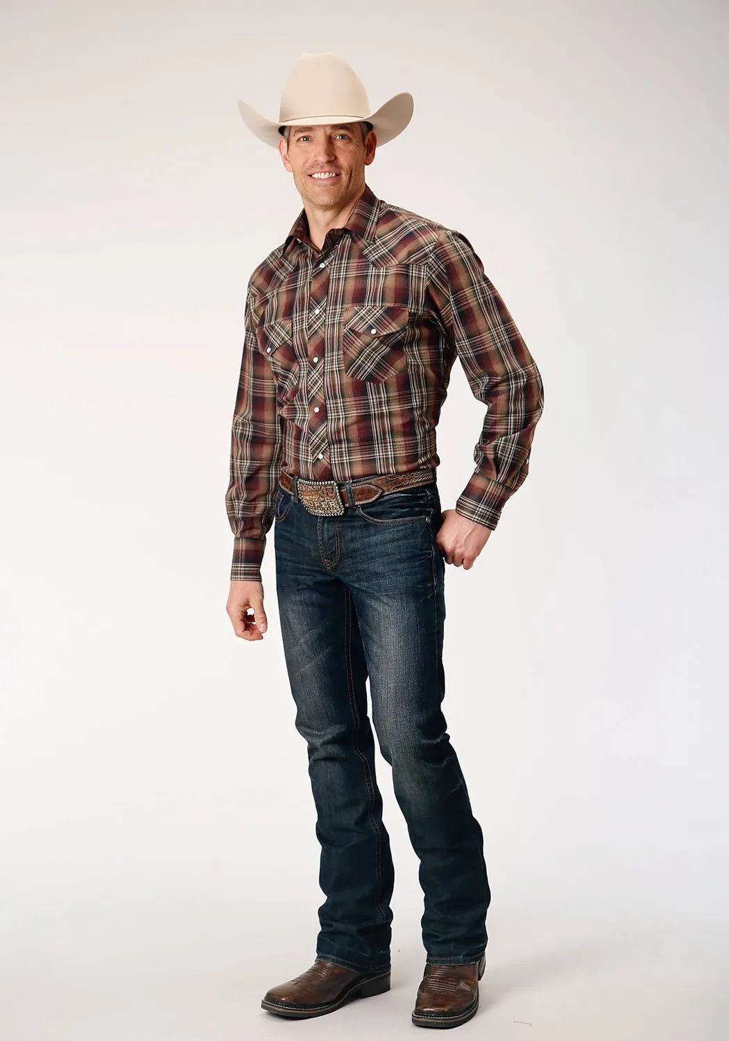 Workwear Casual Roper Mens Green Plaid Multi Brown Cotton Blend L/S Shirt